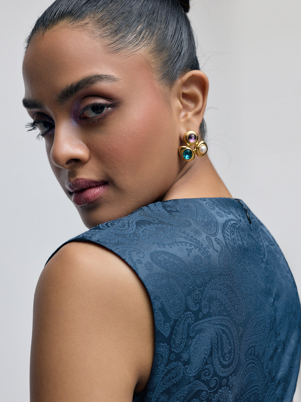 Navy Jacquard Draped Dress