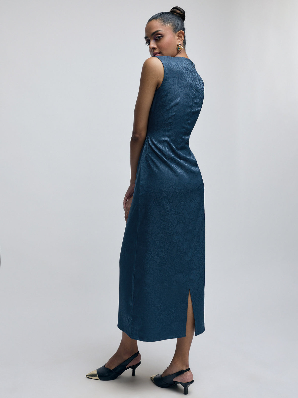 Navy Jacquard Draped Dress