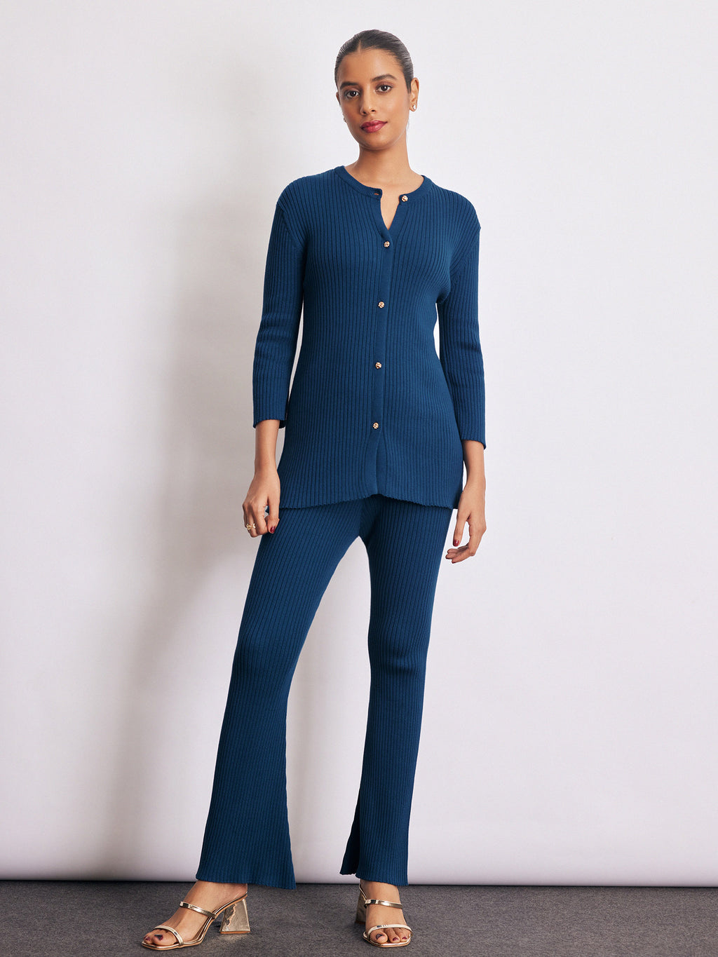 Navy Knit High Waist Pants