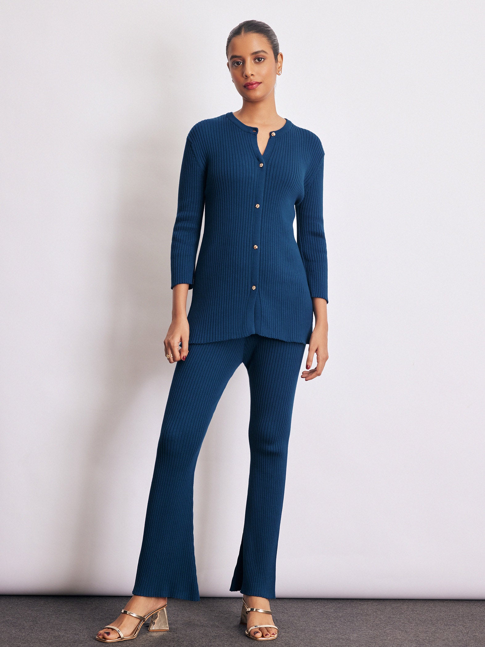 Navy Knit High Waist Pants