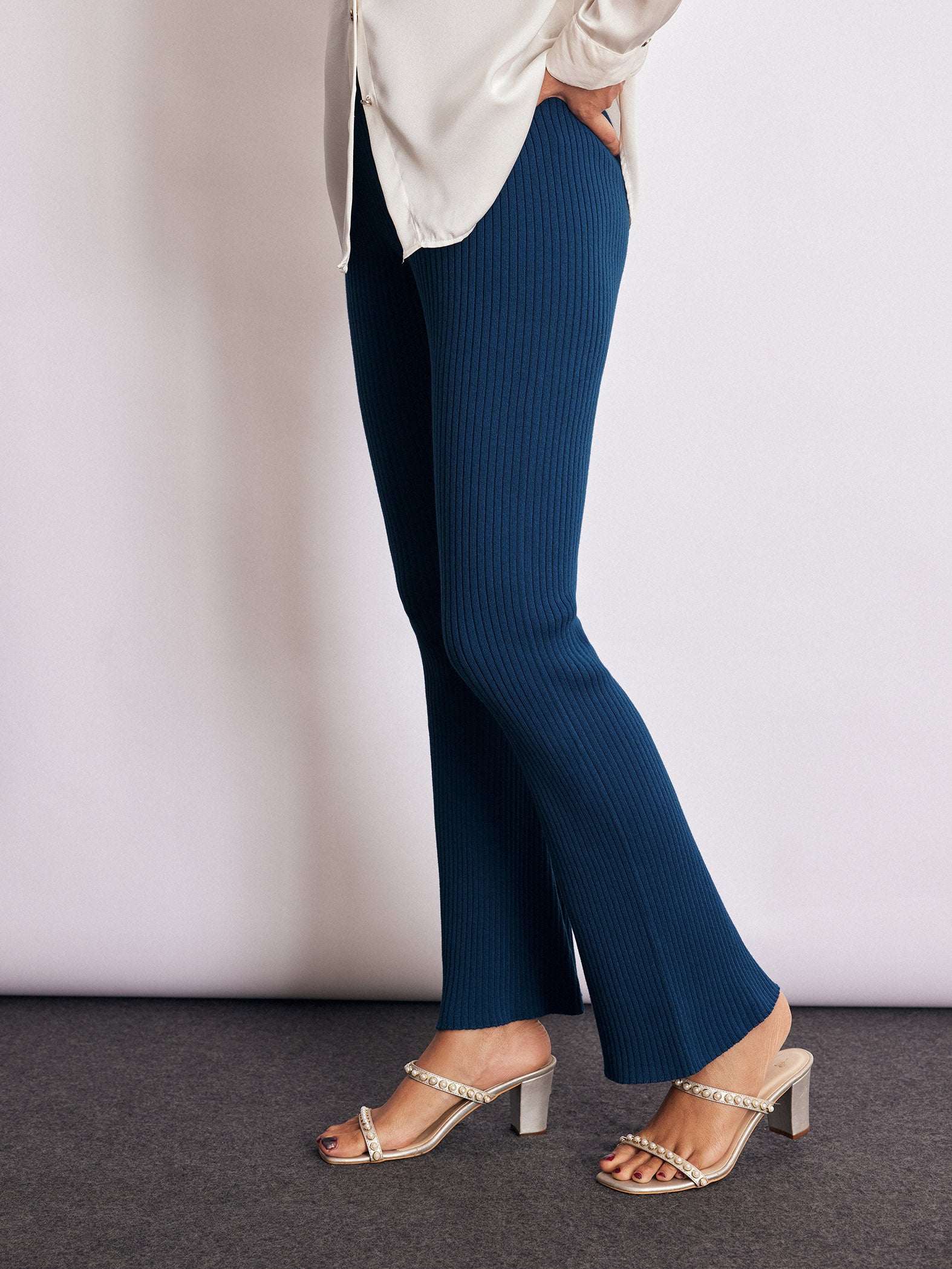 Navy Knit High Waist Pants