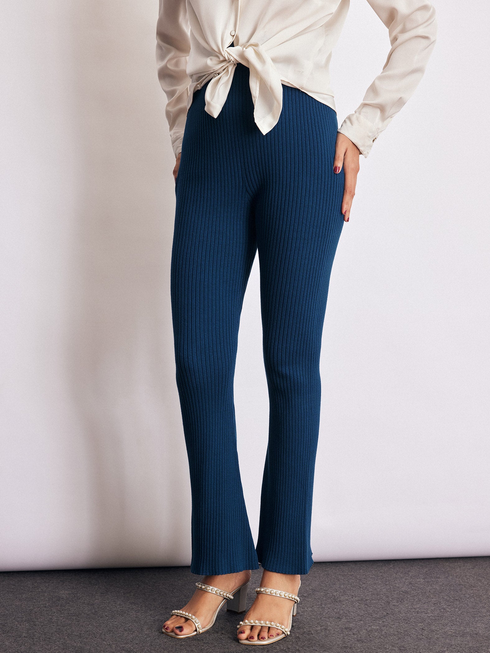 Navy Knit High Waist Pants