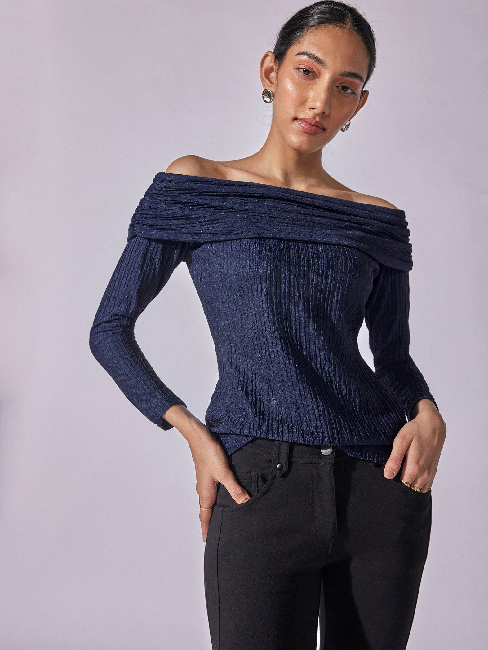 Navy Knit Off Shoulder Tee