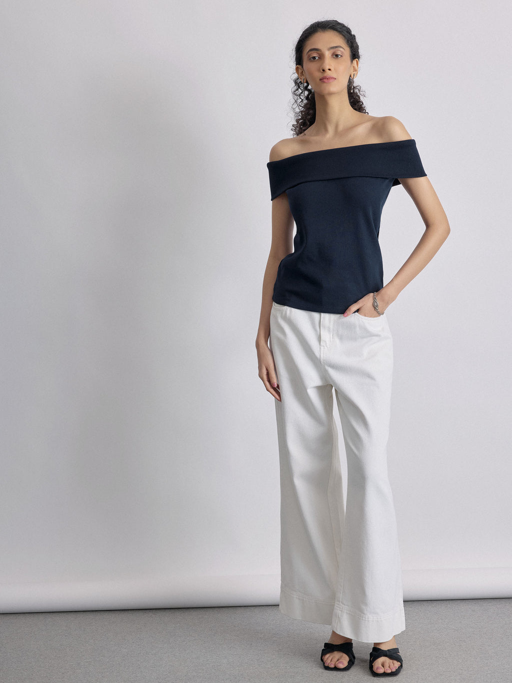 Navy Knit Off Shoulder Top