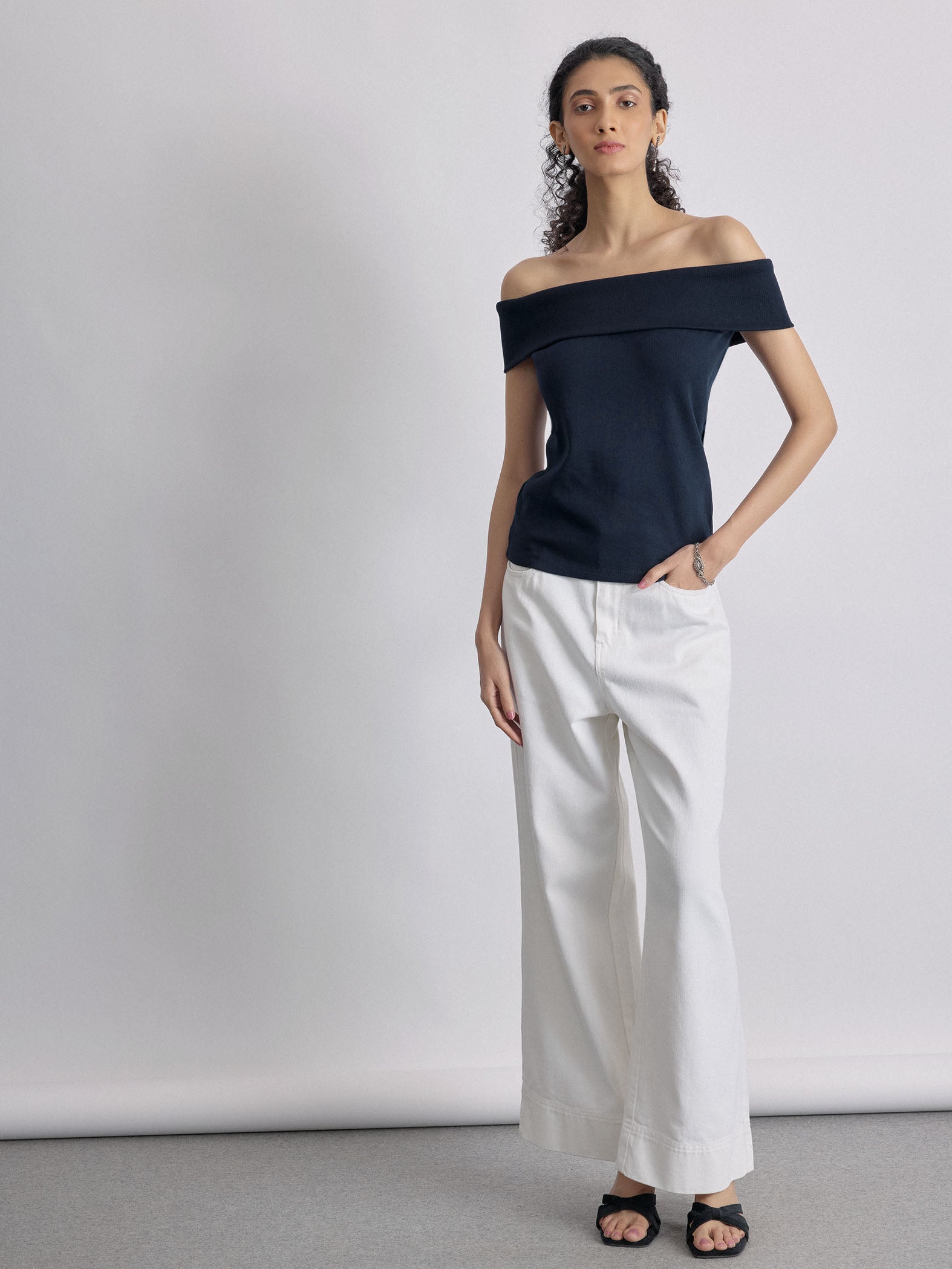 Navy Knit Off Shoulder Top