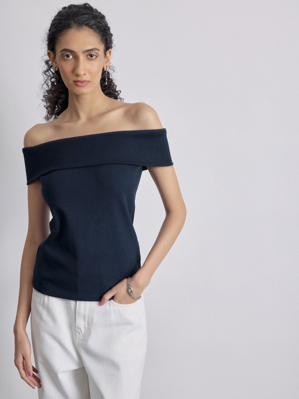 Navy Knit Off Shoulder Top