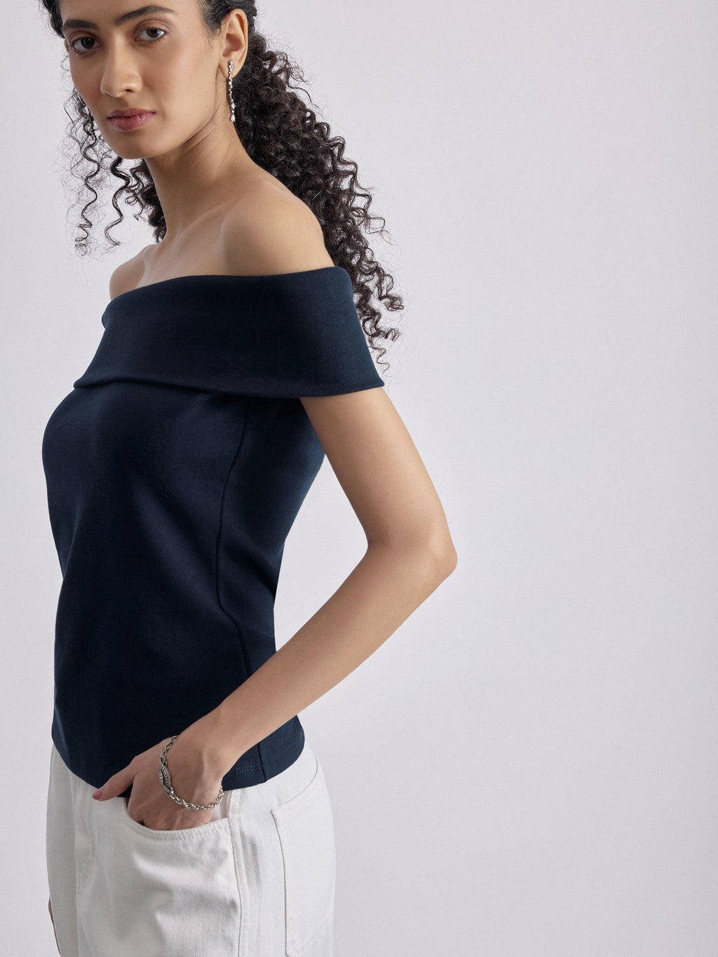 Navy Knit Off Shoulder Top