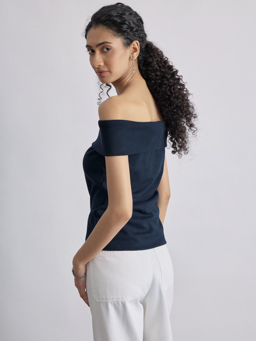 Navy Knit Off Shoulder Top