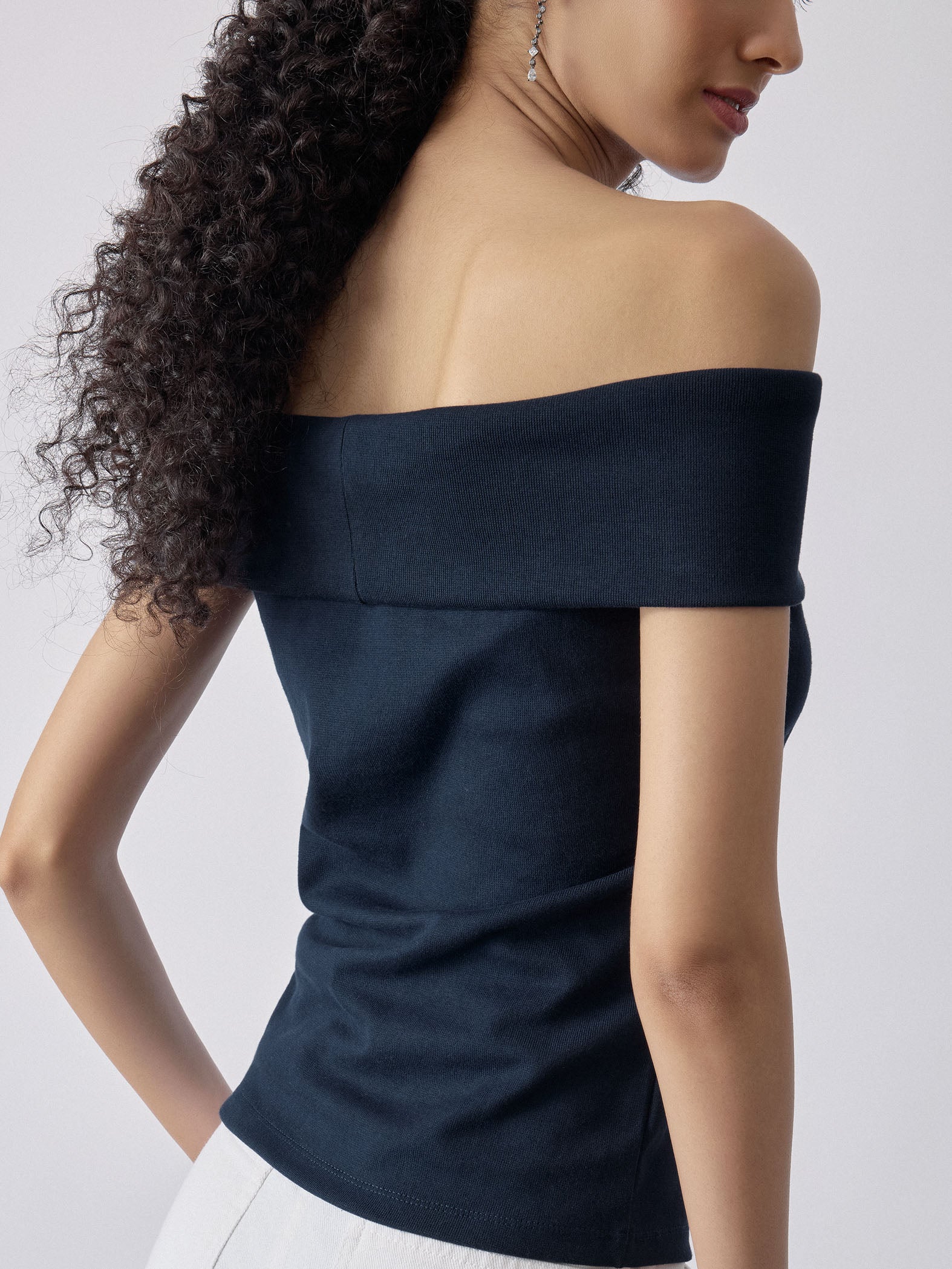 Navy Knit Off Shoulder Top
