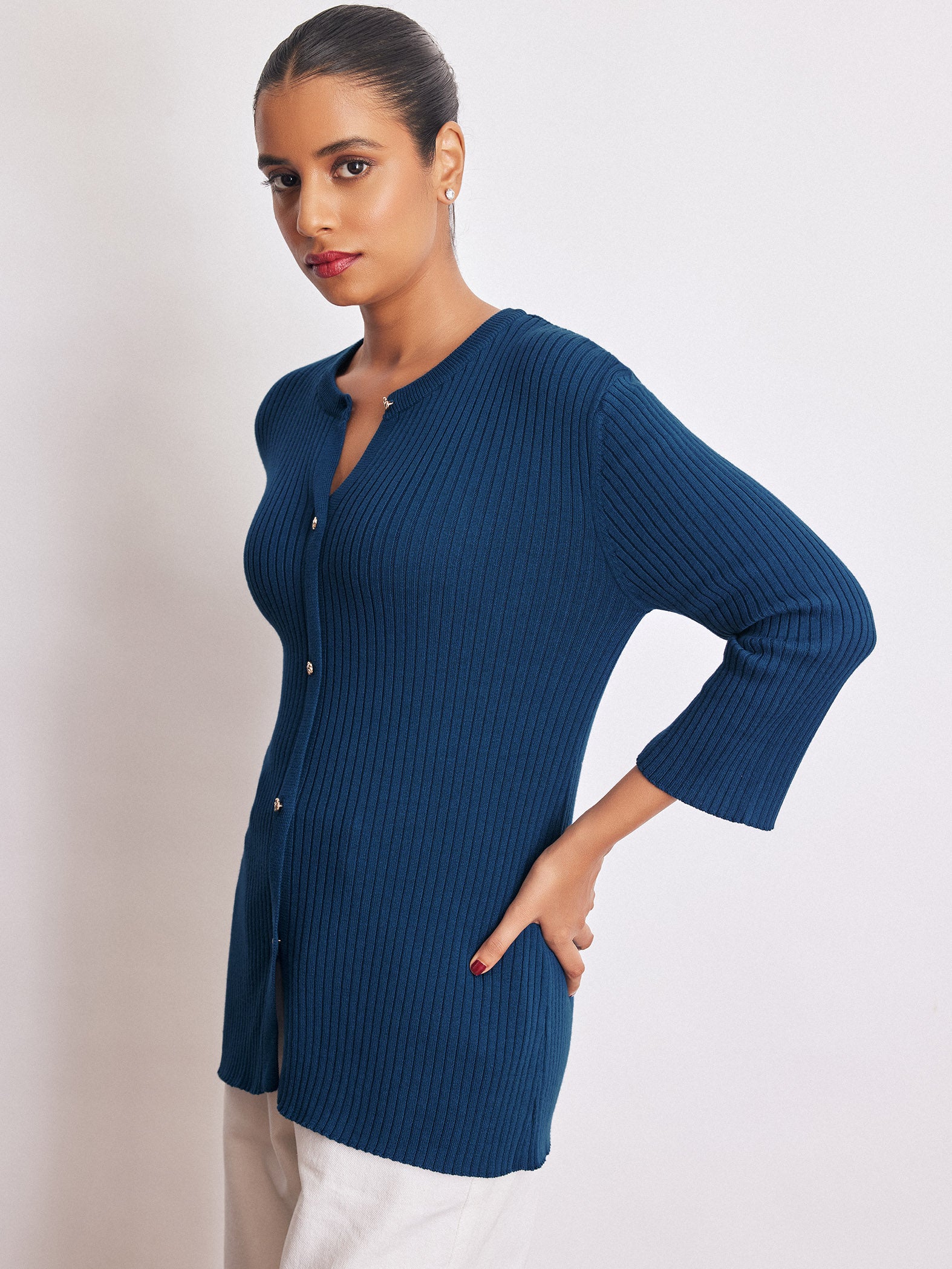 Navy Knit Slit Sleeve Top