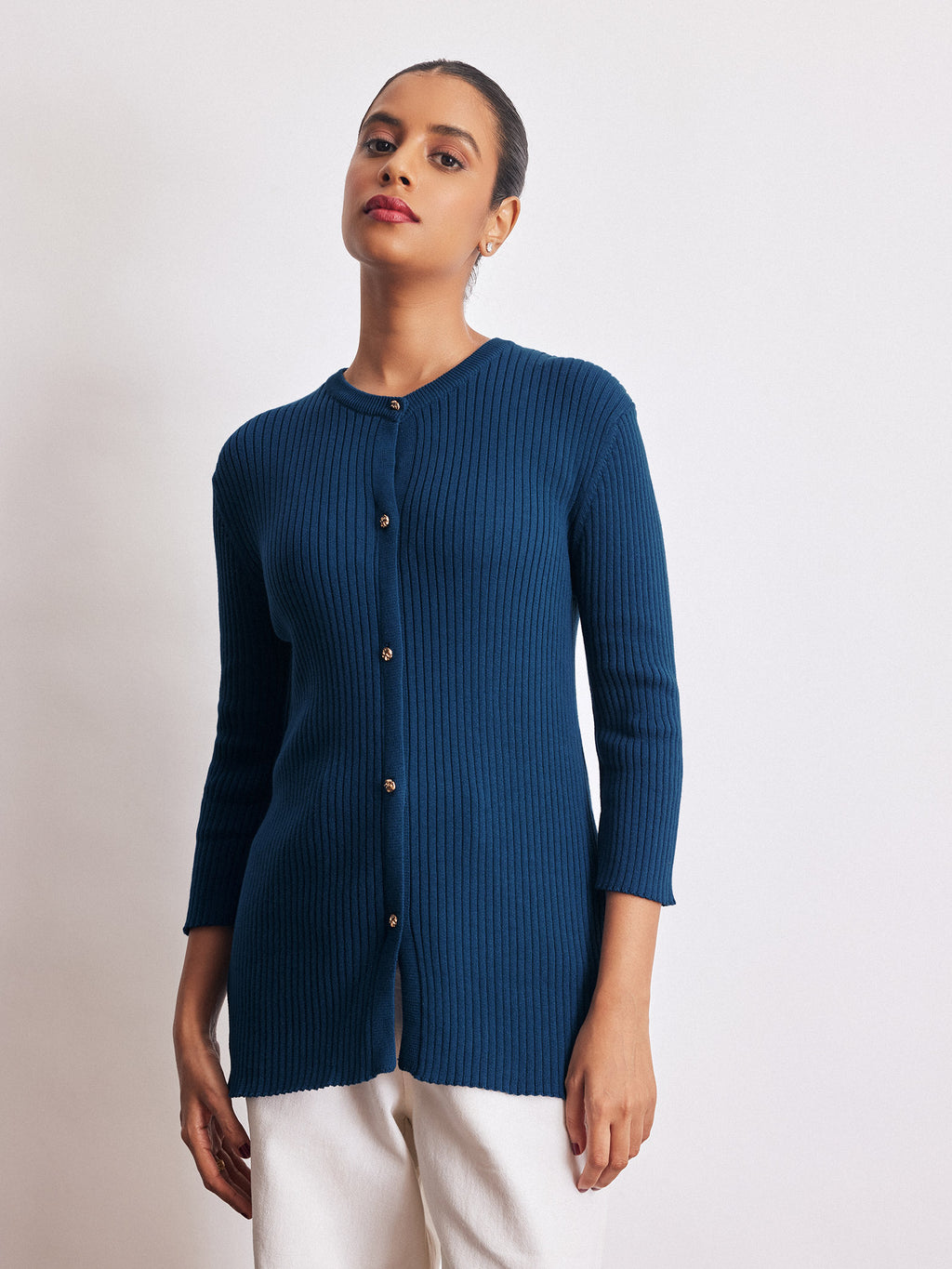 Navy Knit Slit Sleeve Top