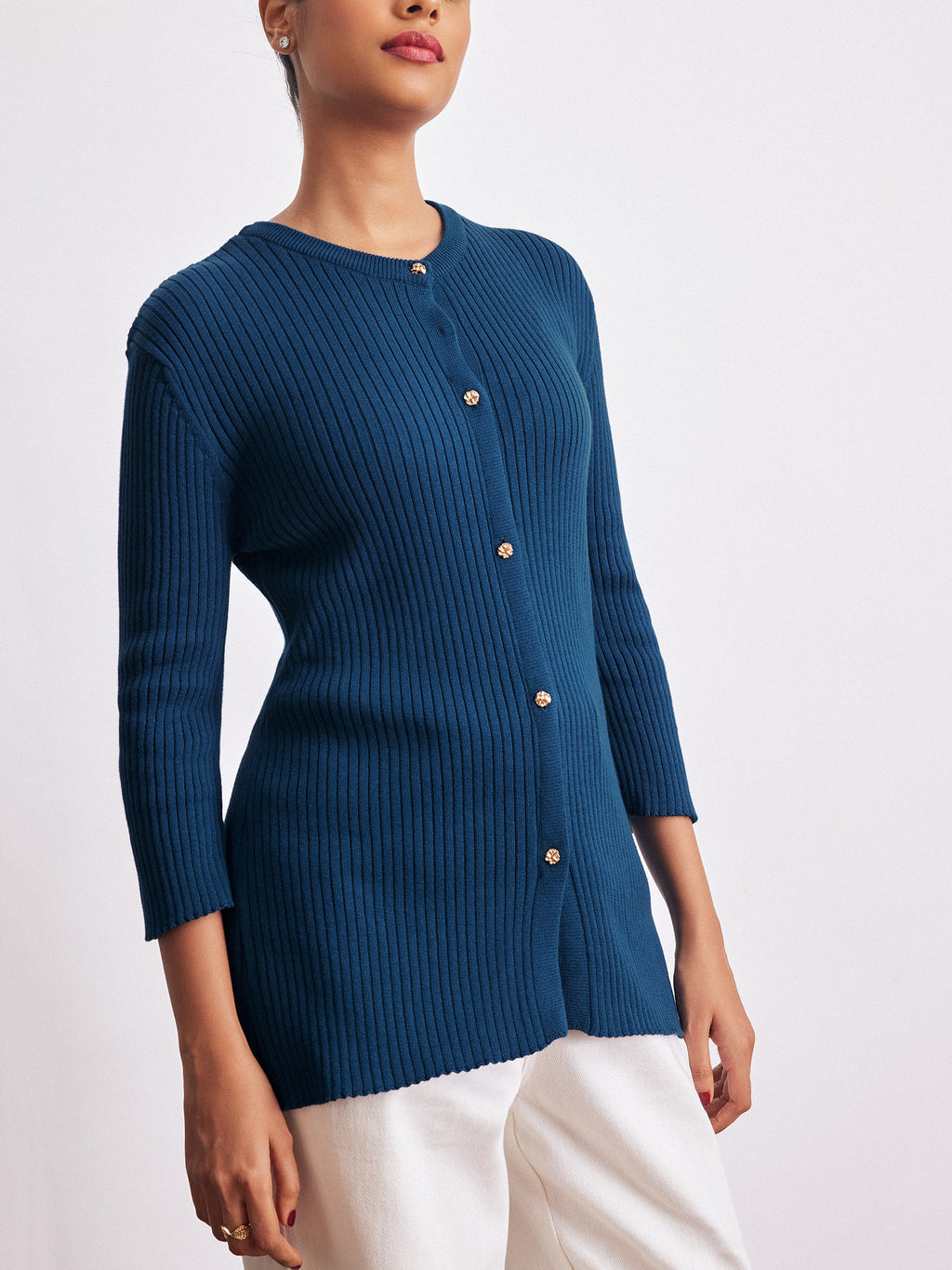 Navy Knit Slit Sleeve Top