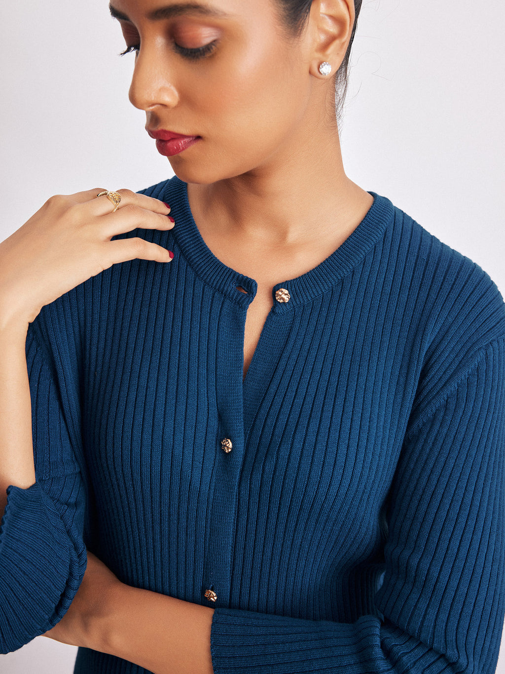 Navy Knit Slit Sleeve Top