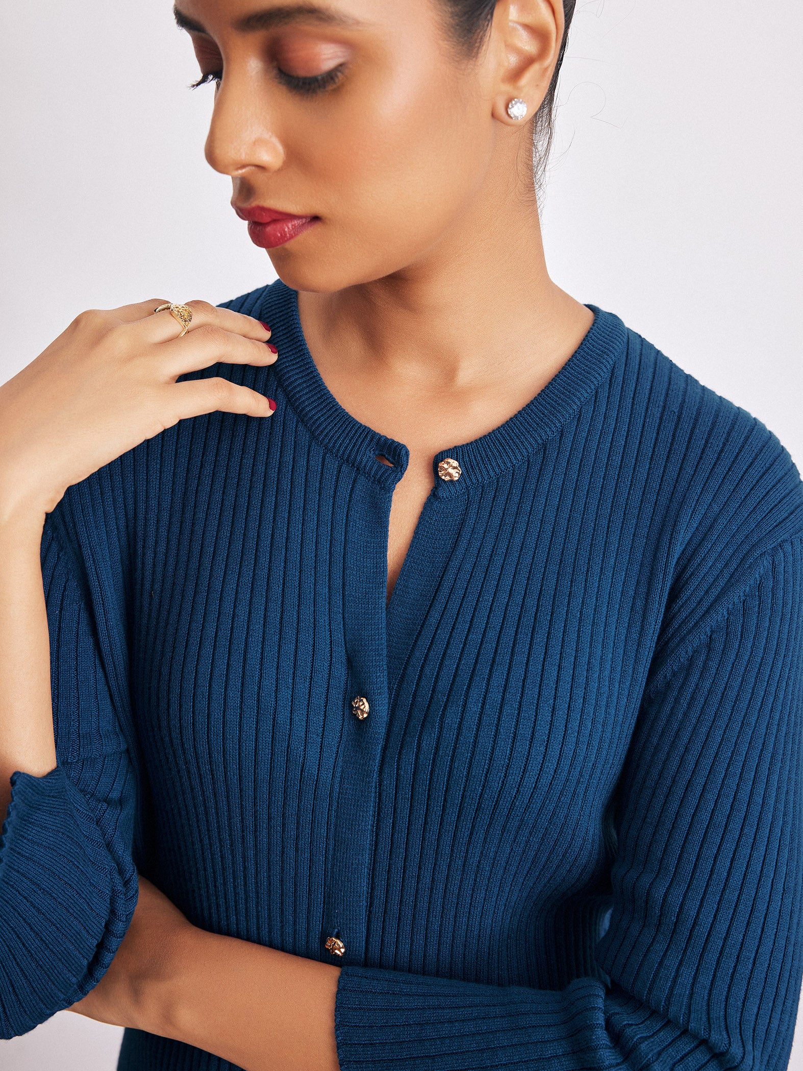 Navy Knit Slit Sleeve Top