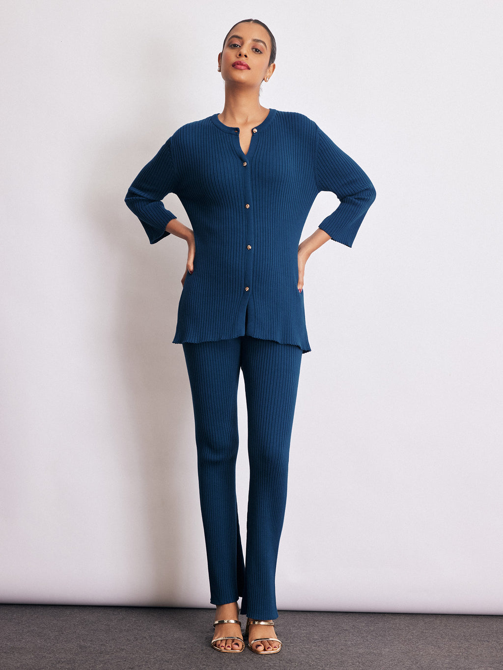 Navy Knit Slit Sleeve Top