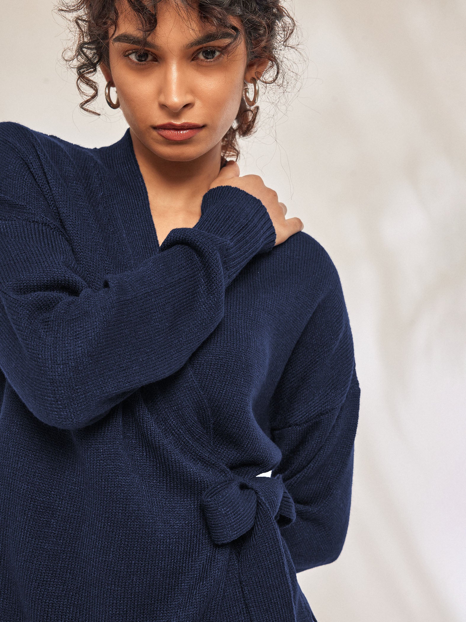 Navy Knit Wrap Top