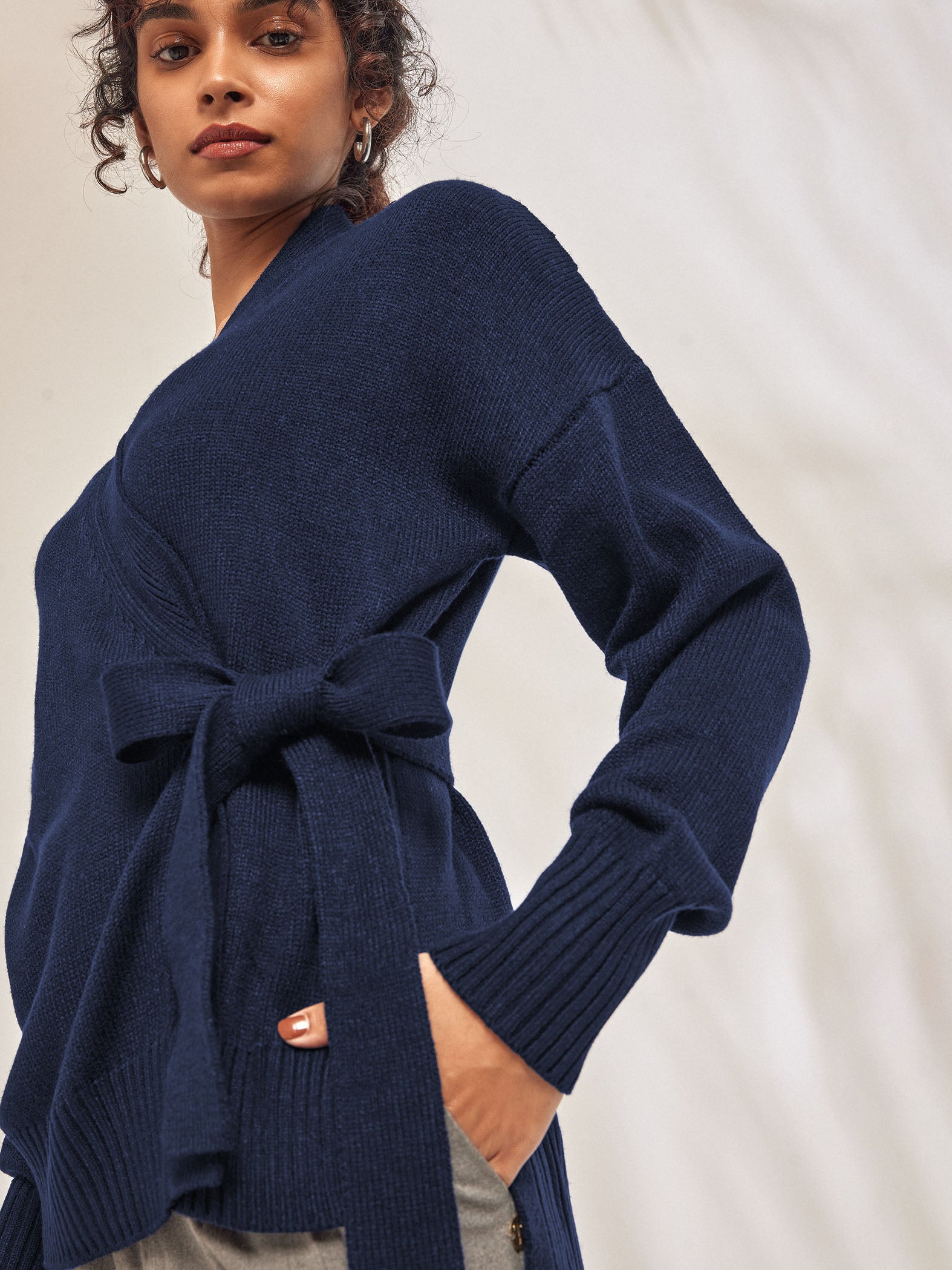 Navy Knit Wrap Top