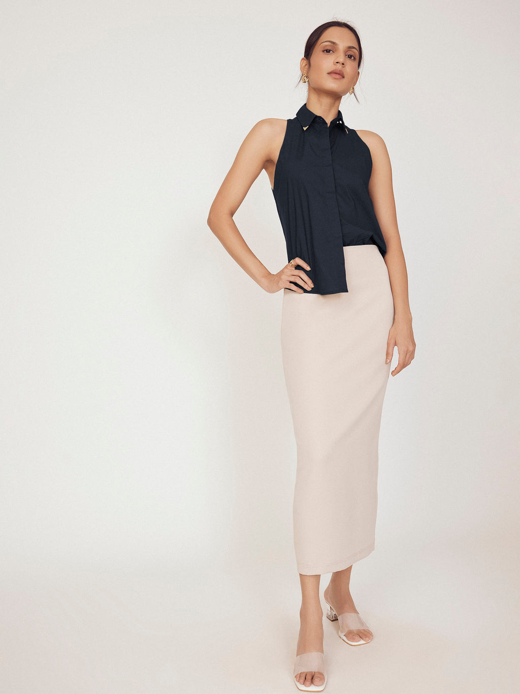 Navy Pin Collar Sleeveless Shirt