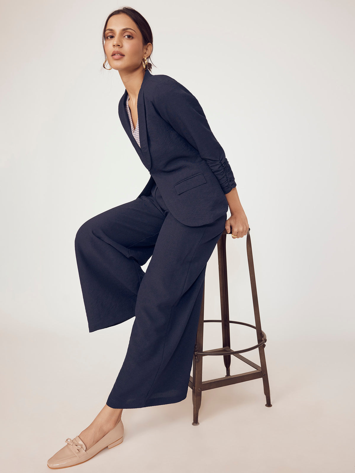 Navy Pleated Flare Trousers