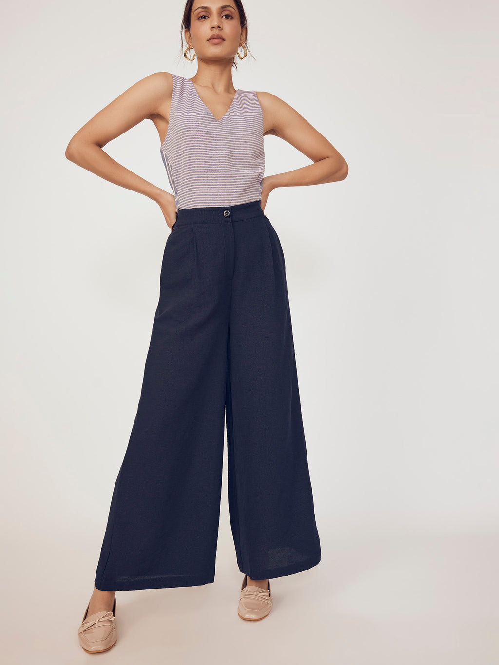 Navy Pleated Flare Trousers