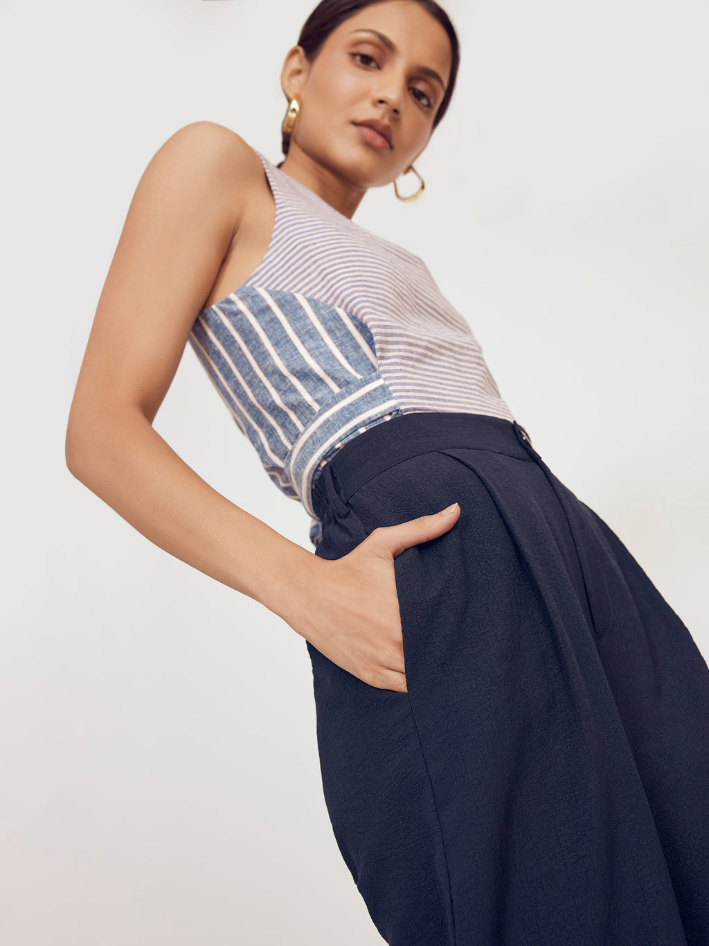Navy Pleated Flare Trousers