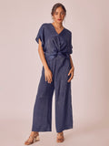 Navy Satin Front Twist Jumpsuit