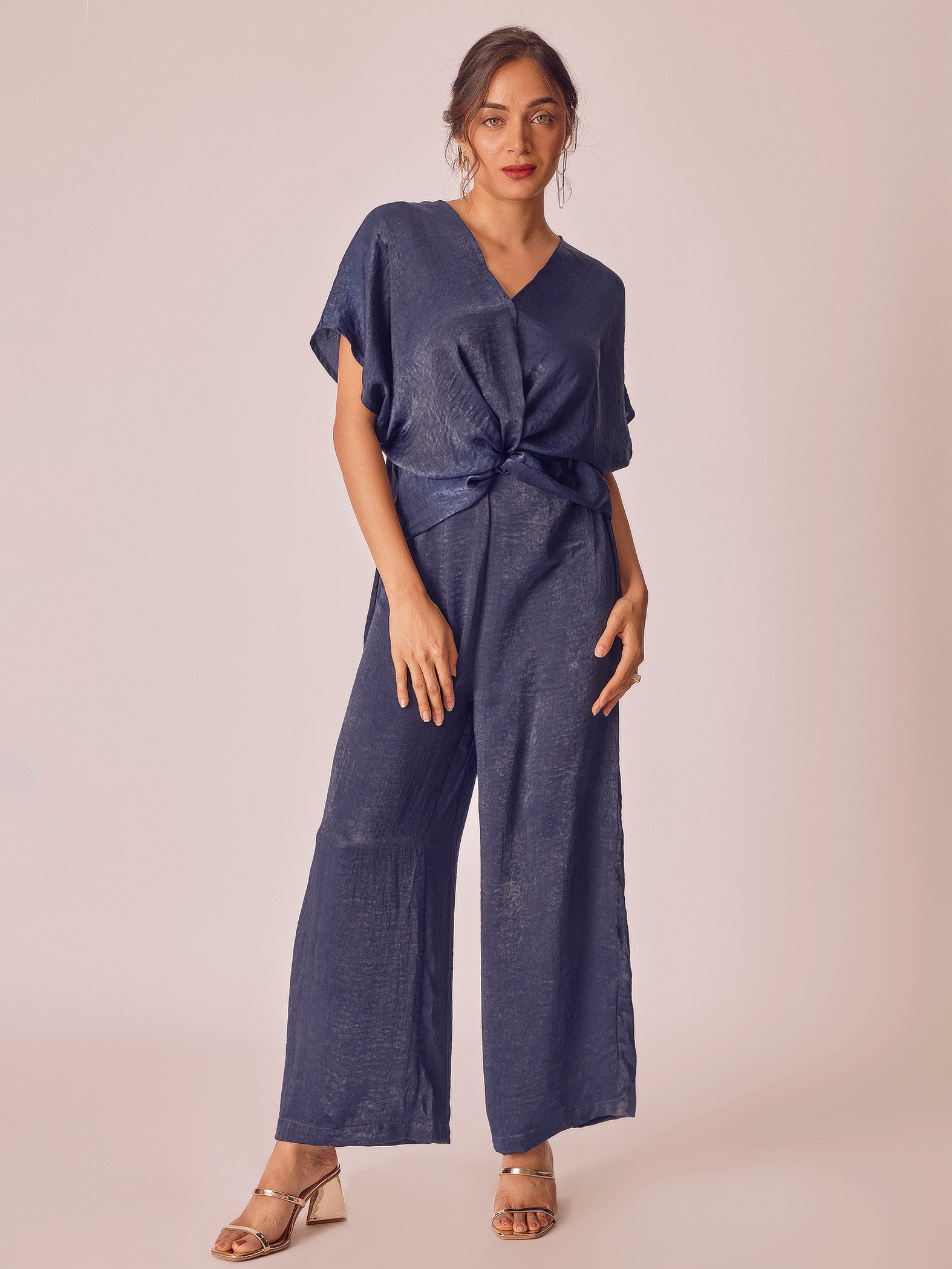 Navy Satin Front Twist Jumpsuit