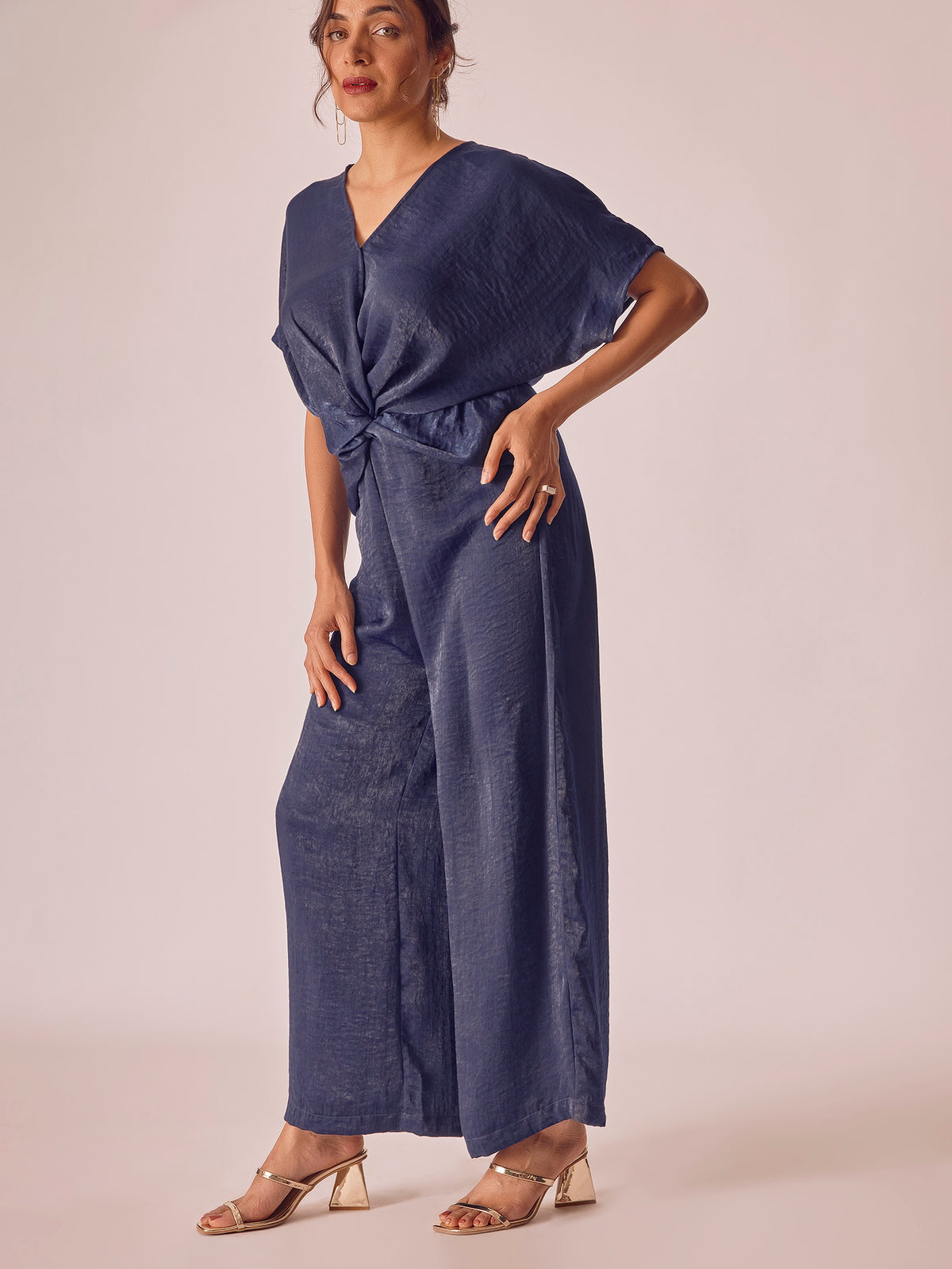 Navy Satin Front Twist Jumpsuit