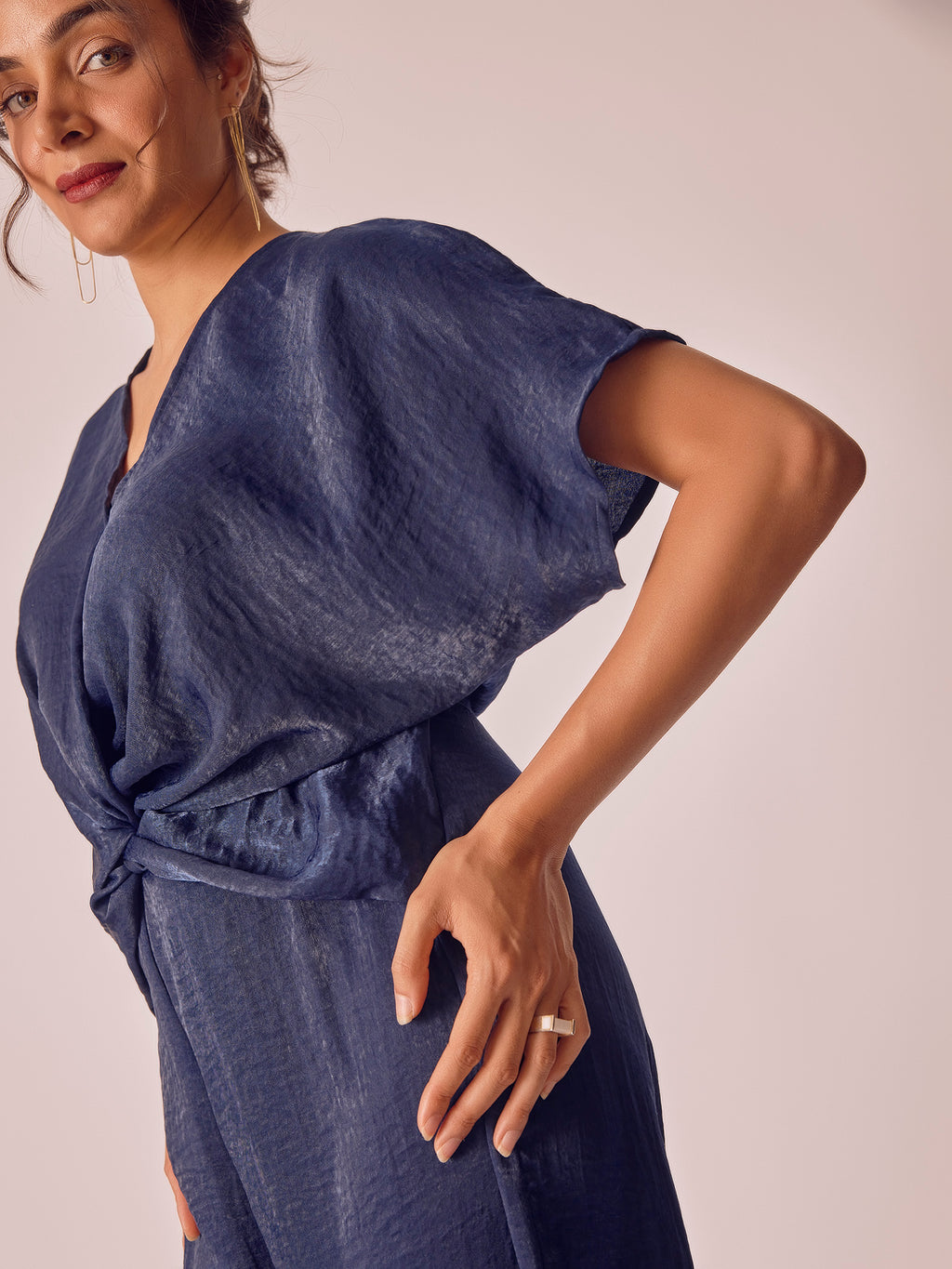 Navy Satin Front Twist Jumpsuit