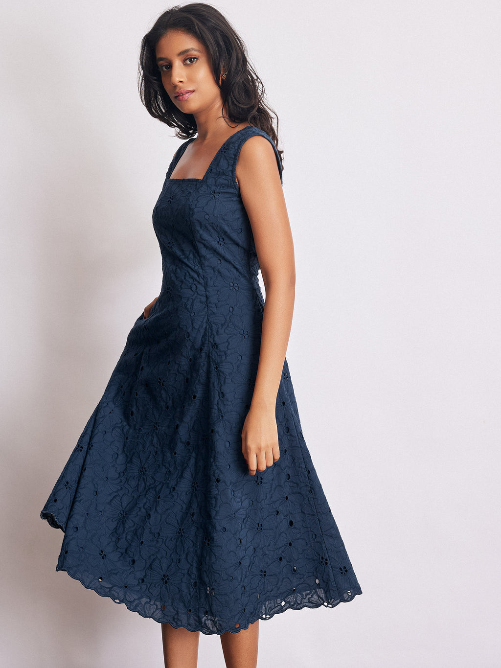Navy Schiffli Midi Dress