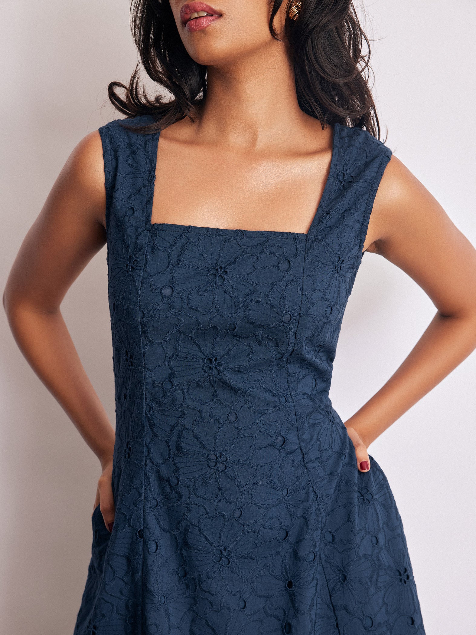 Navy Schiffli Midi Dress