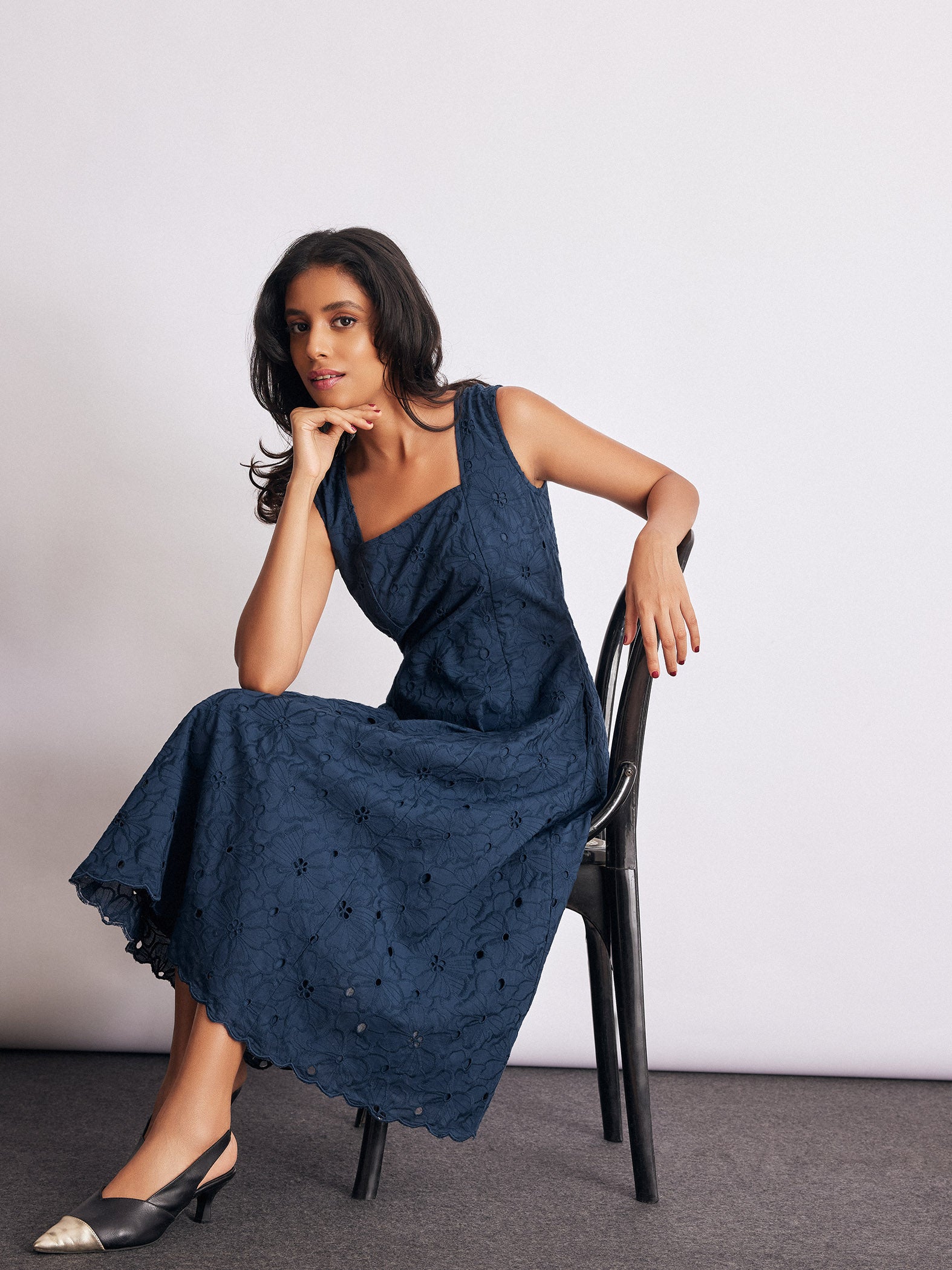 Navy Schiffli Midi Dress