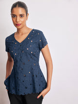 Navy Schiffli Peplum Top