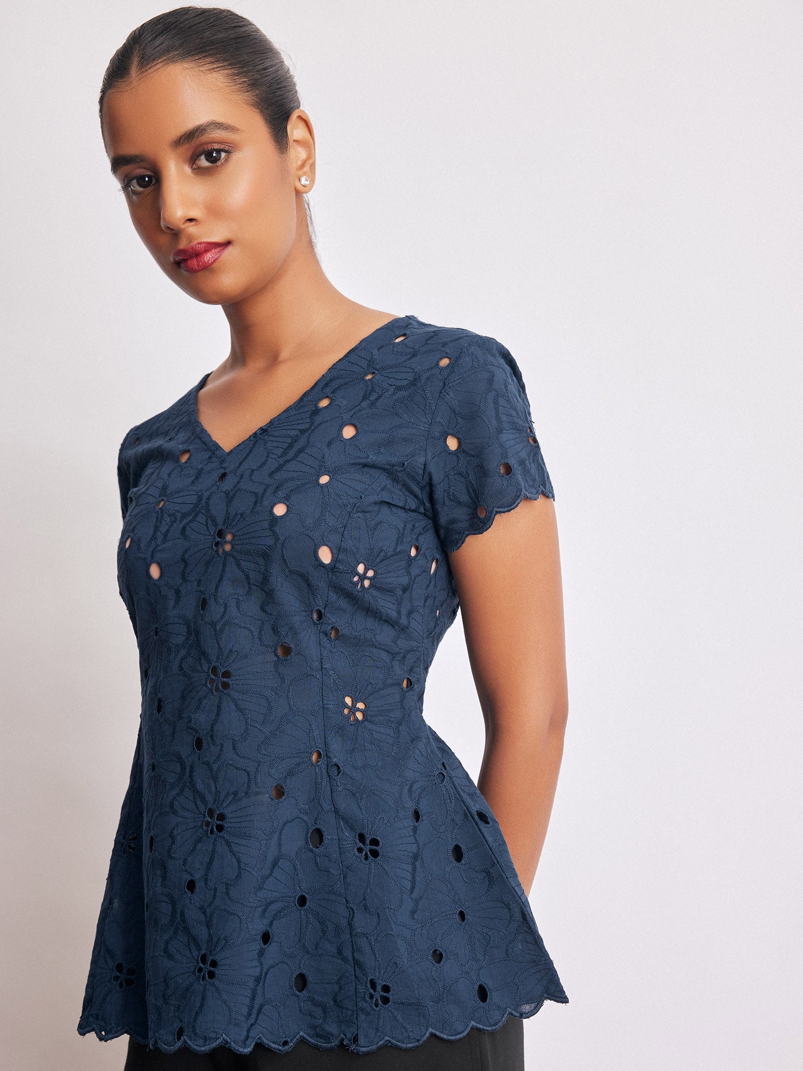 Navy Schiffli Peplum Top