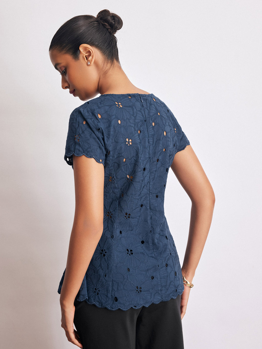 Navy Schiffli Peplum Top