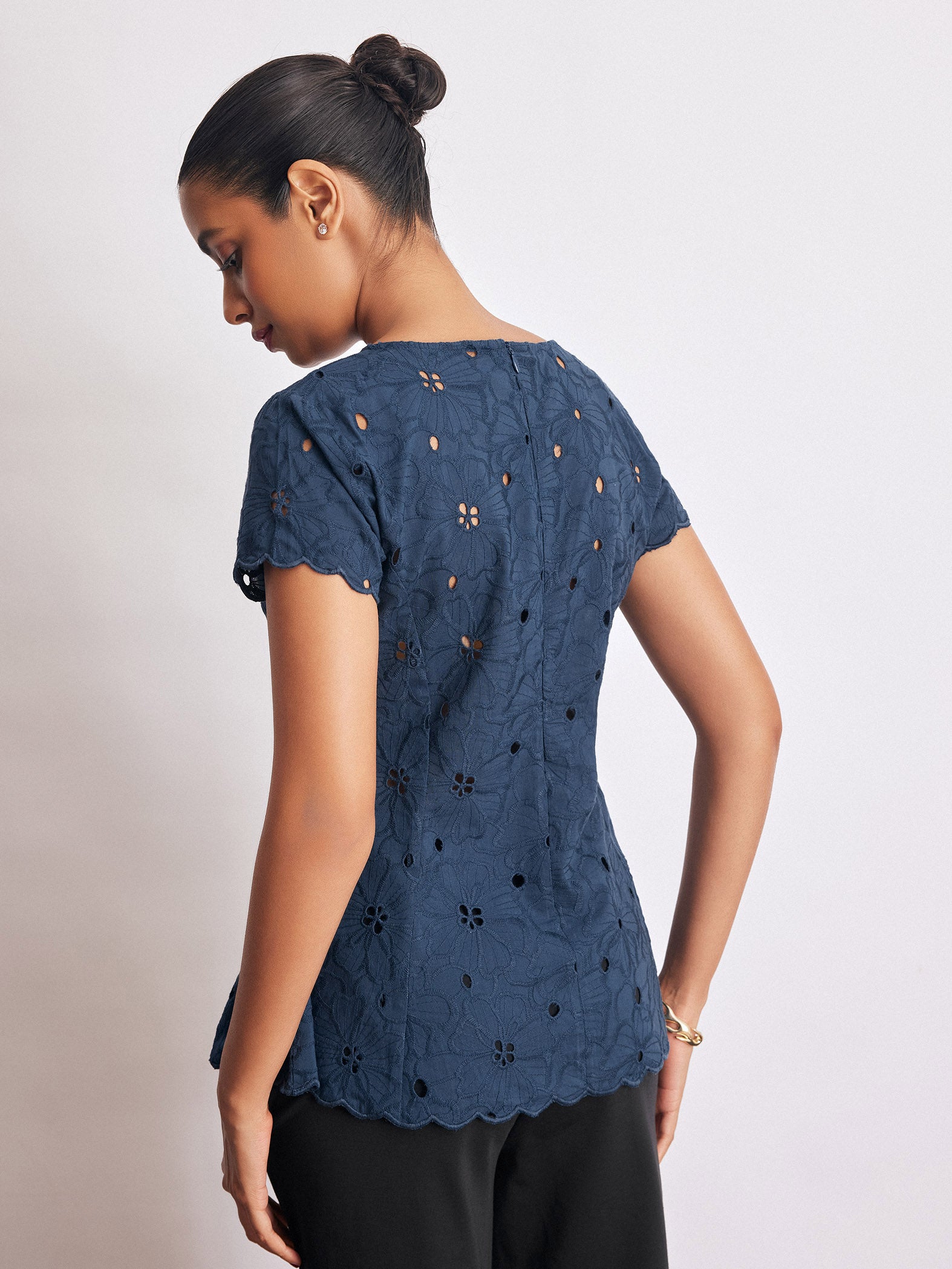 Navy Schiffli Peplum Top