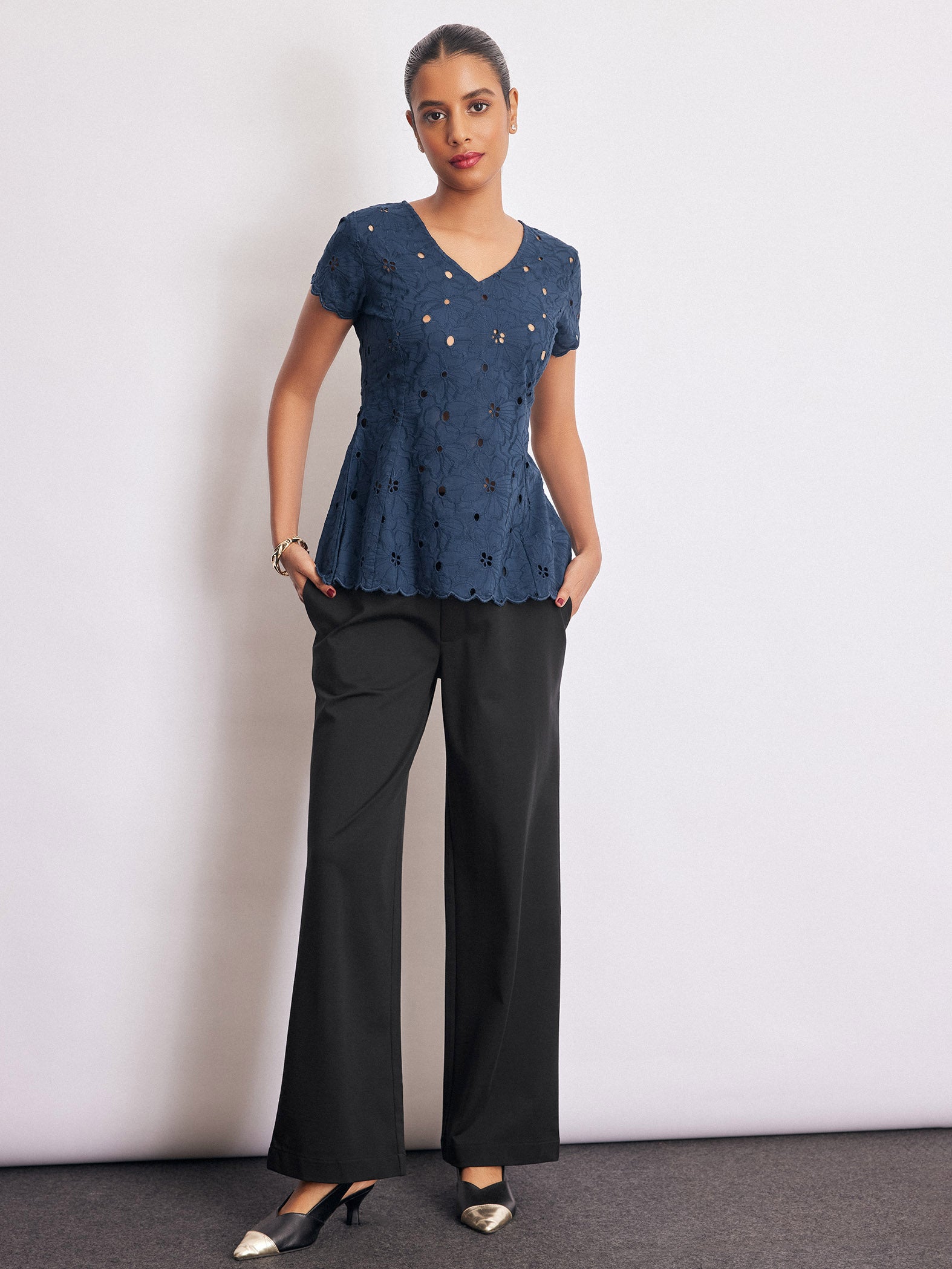 Navy Schiffli Peplum Top