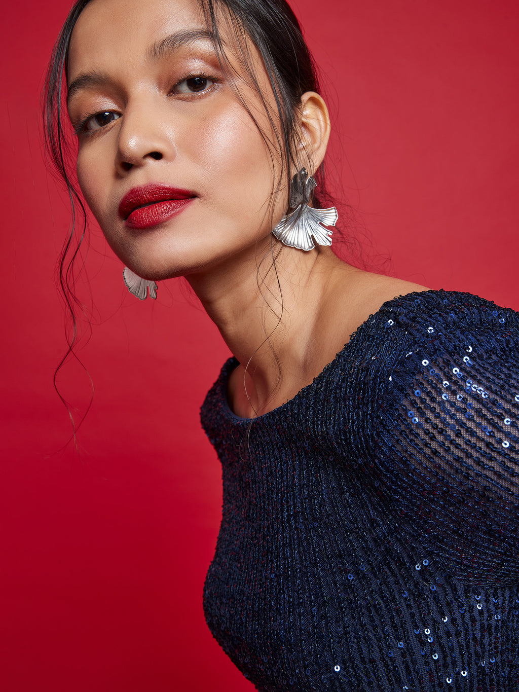 Navy Sequin Back Cowl Top