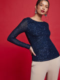 Navy Sequin Back Cowl Top