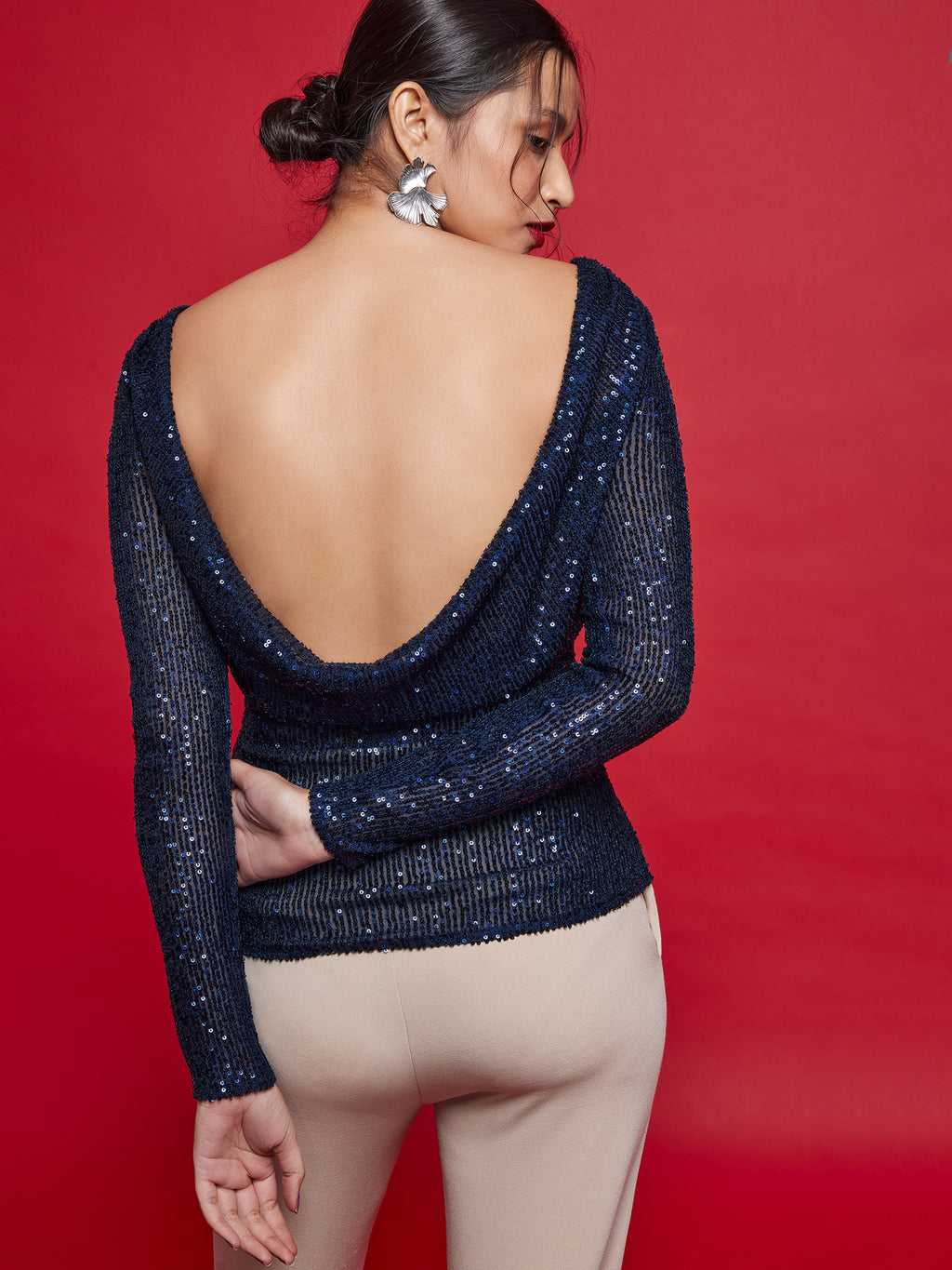 Navy Sequin Back Cowl Top