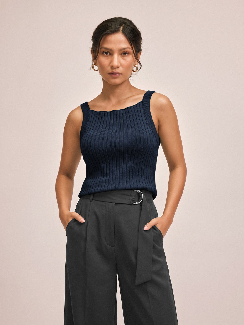 Navy Strappy Ribbed Knit Top