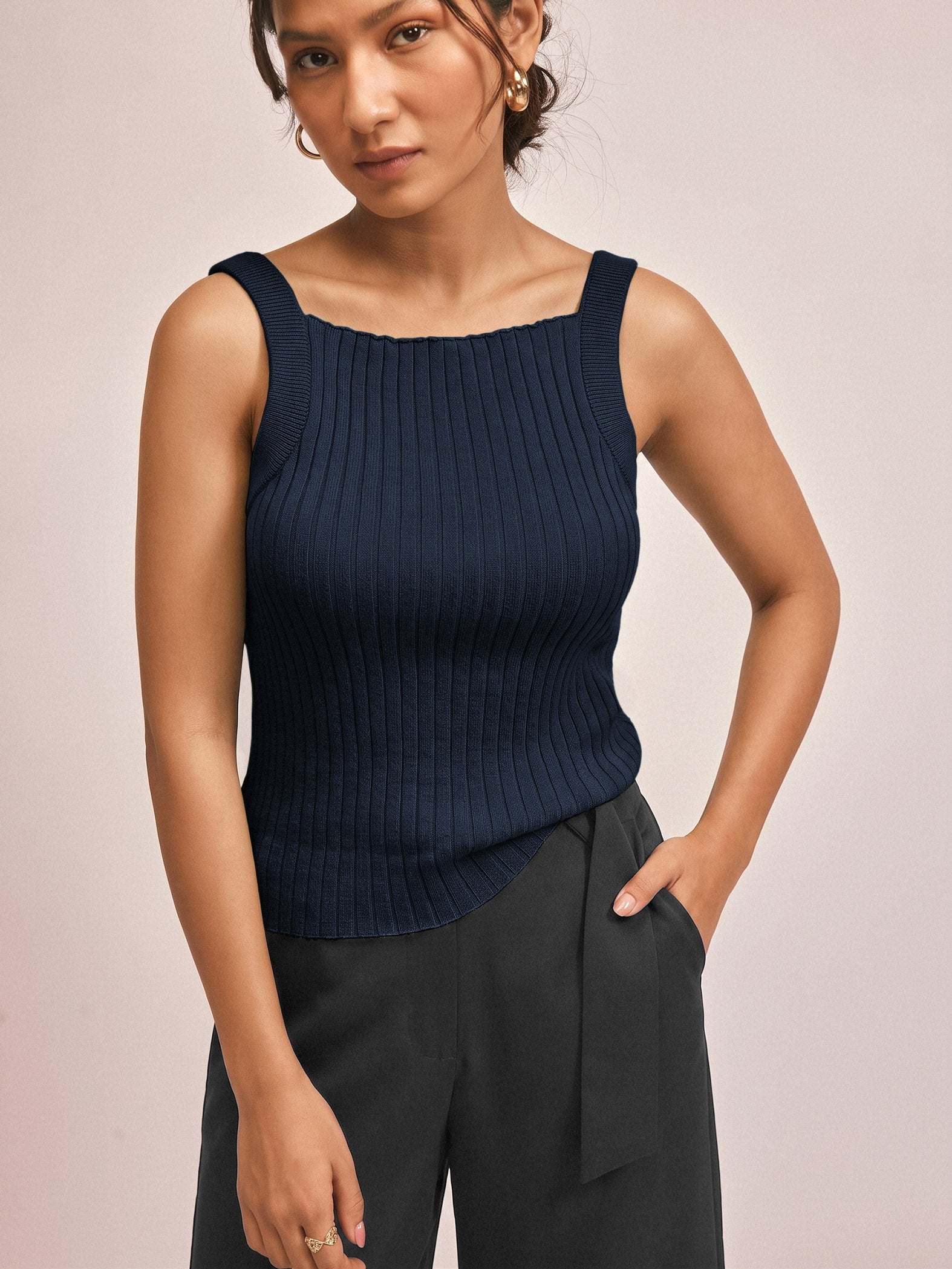 Navy Strappy Ribbed Knit Top