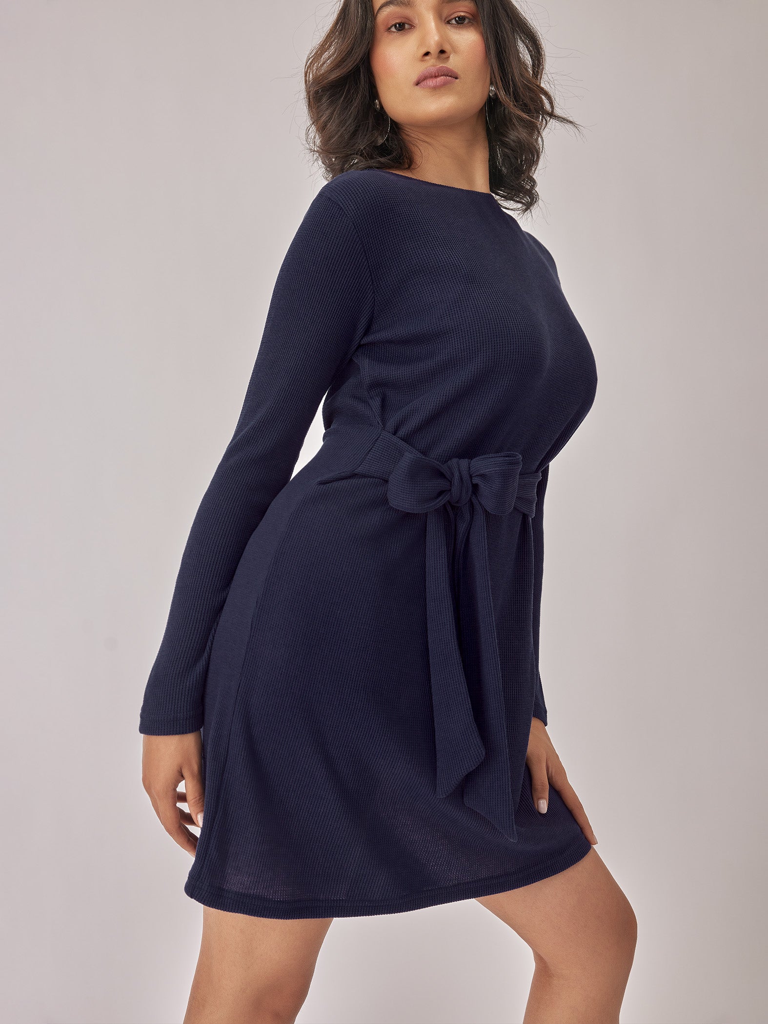 Navy Textured Self Tie Dress