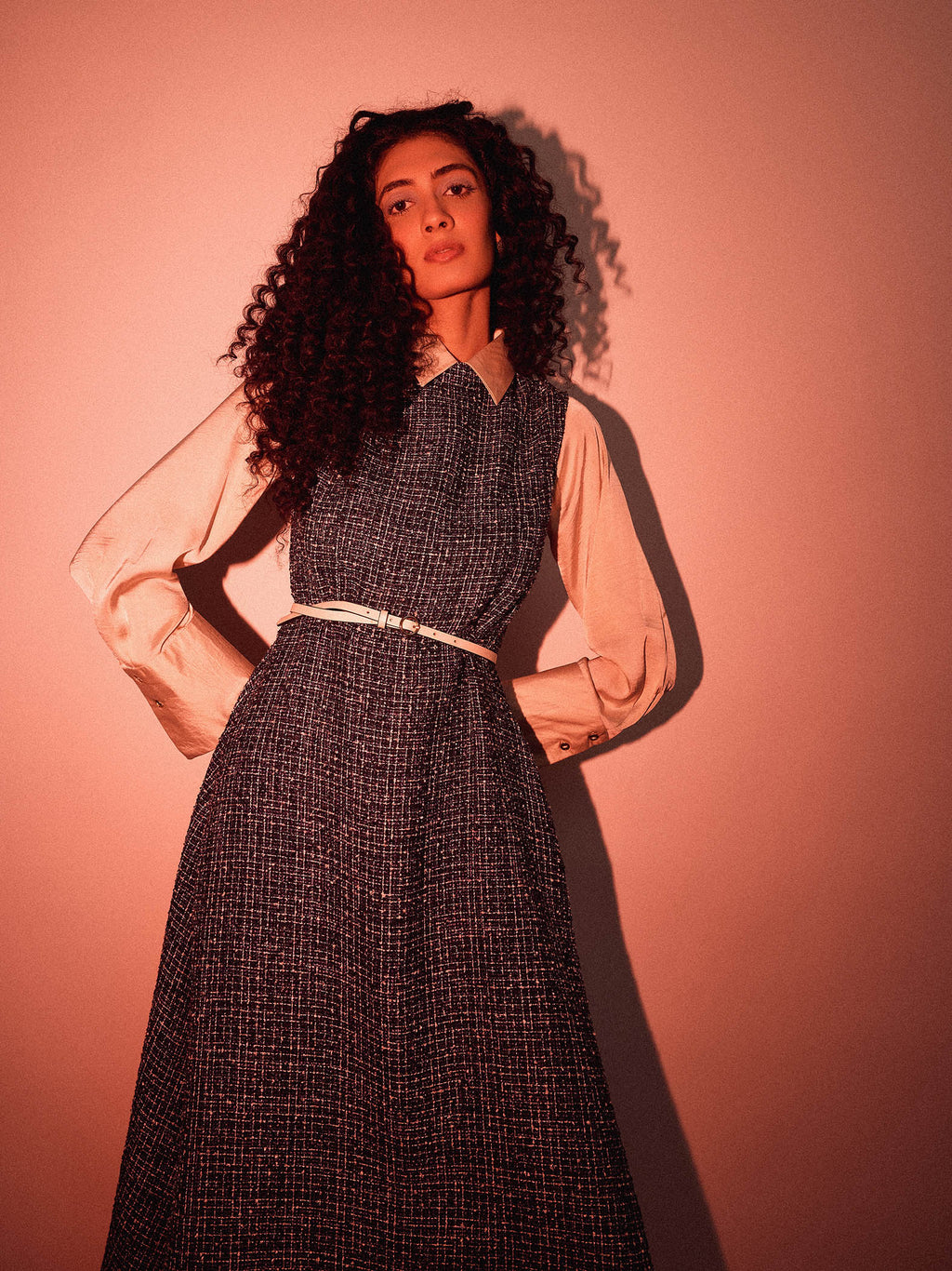 Navy Tweed Belted Midi Dress