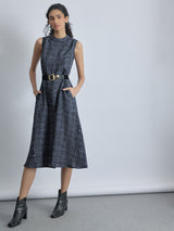 Navy Tweed Belted Midi Dress