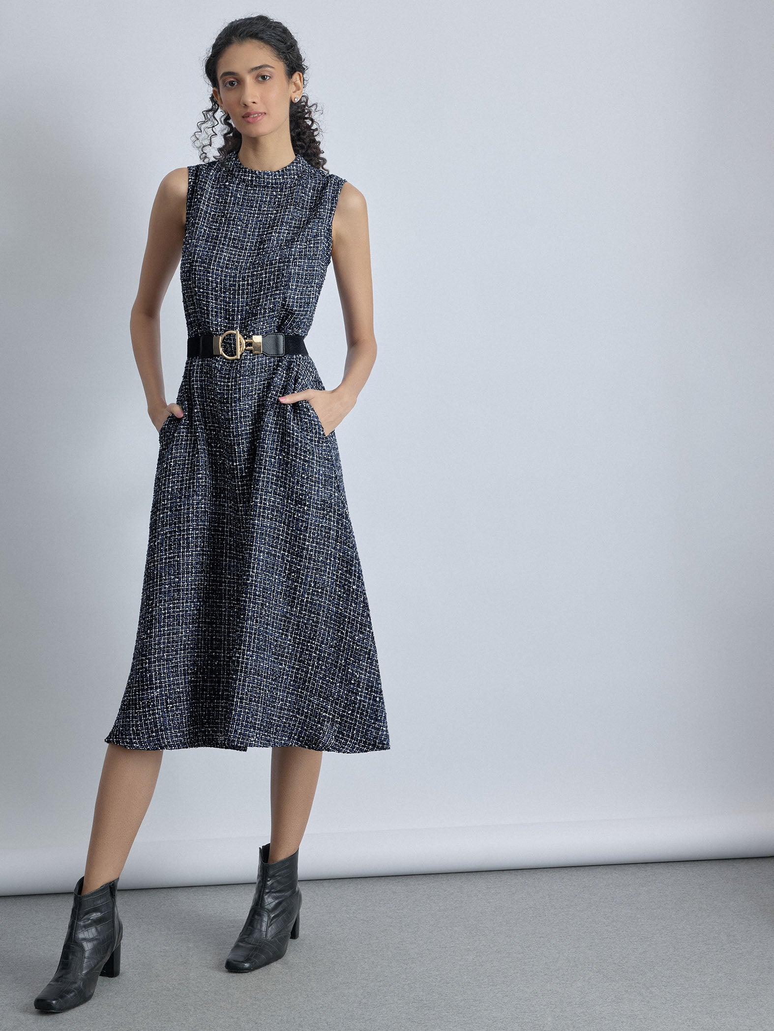 Navy Tweed Belted Midi Dress