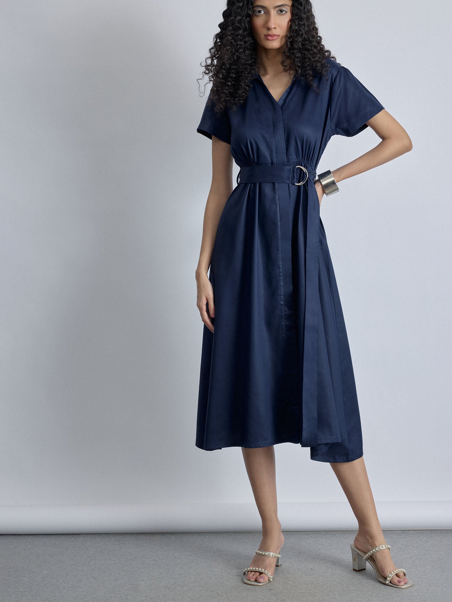 Navy Twill Self-Tie Shirt Dress