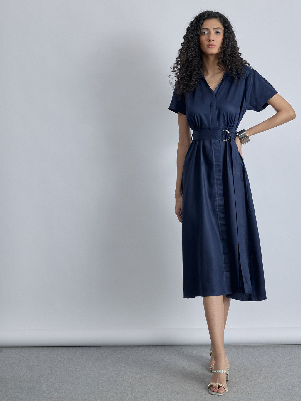Navy Twill Self-Tie Shirt Dress