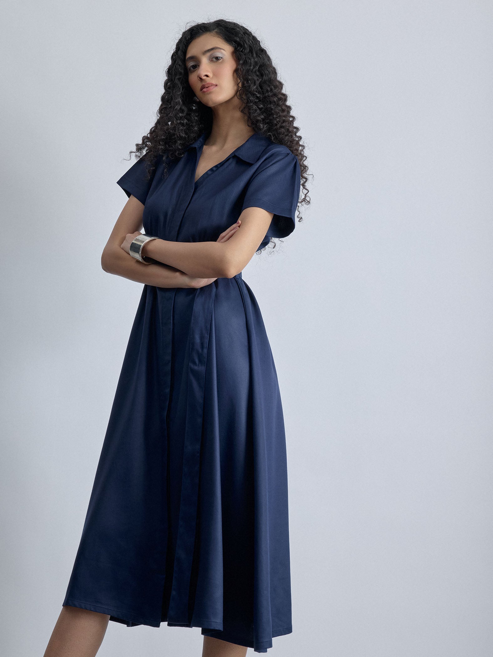 Navy Twill Self-Tie Shirt Dress