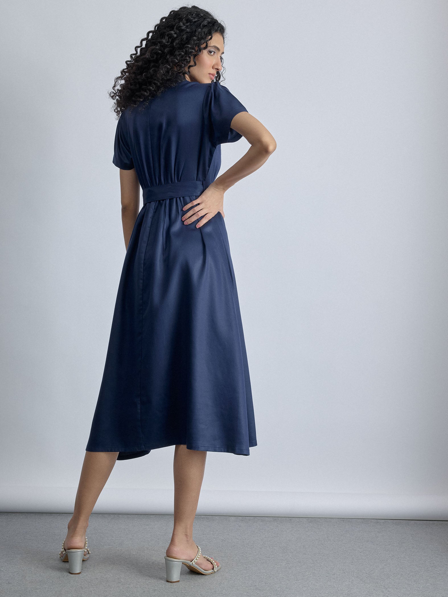 Navy Twill Self-Tie Shirt Dress